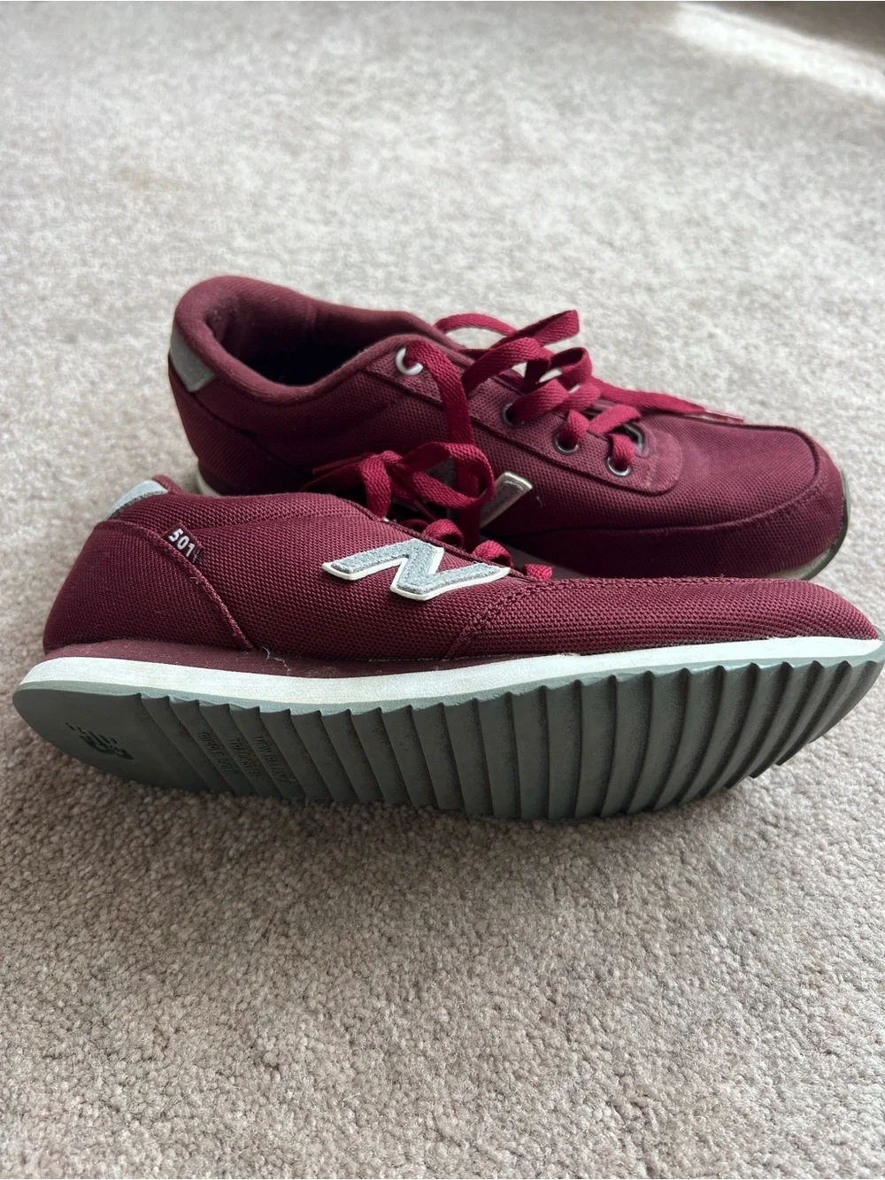 New Balance 501 Burgundy Canvas Sneakers with White 'N' Accent